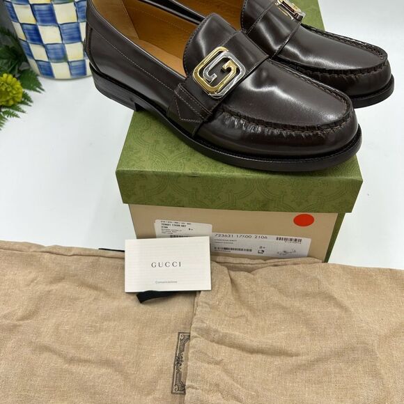 Gucci Brown Leather Loafers with Gold Buckle main image 6